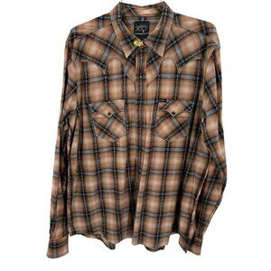 Southern Thread 100% Cotton Mens Pearl Snap Western Shirt XL Plaid Brown & Blue